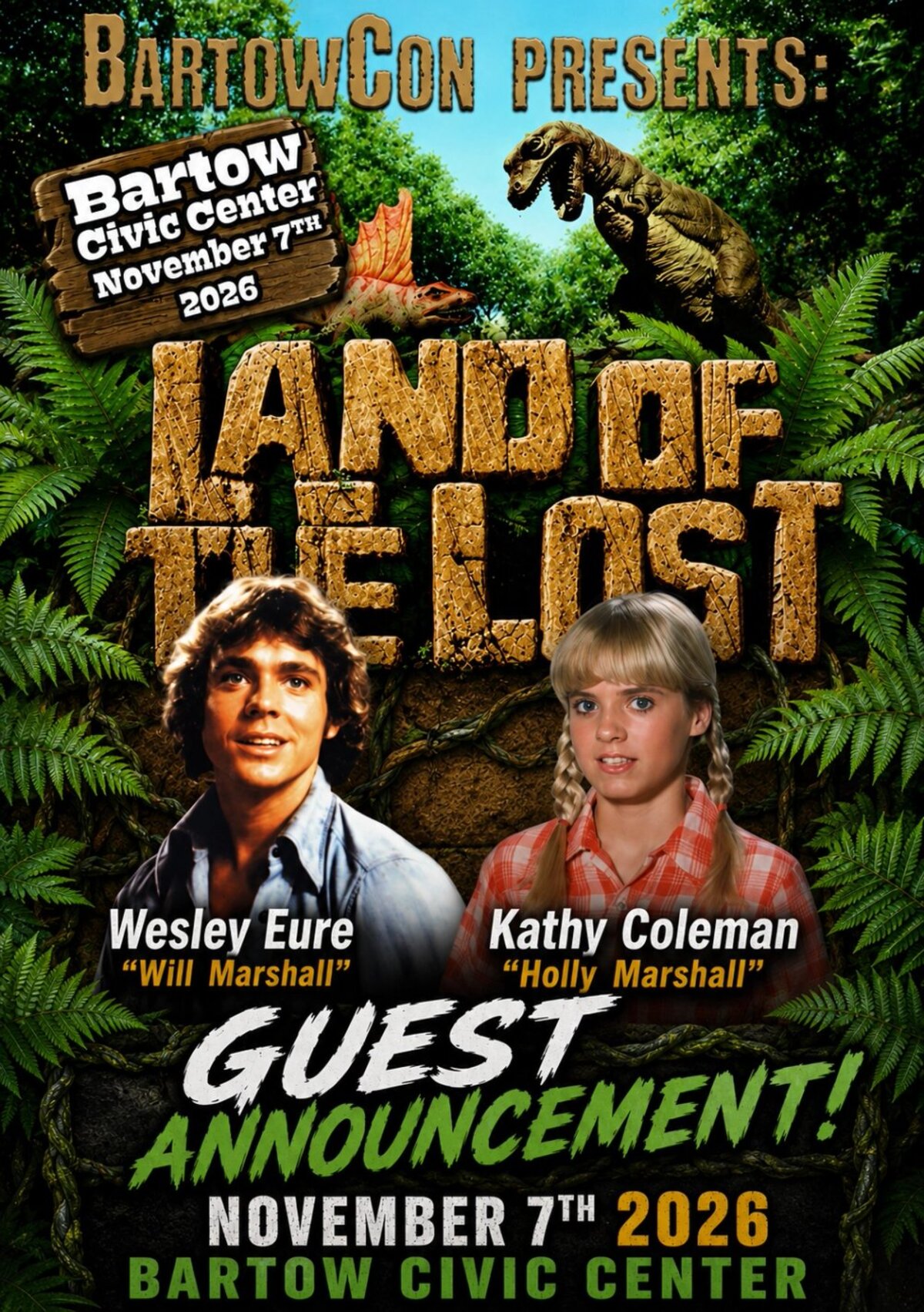 Official BARTOW CON Land of the Lost guest announcement poster for November 7, 2026 at Bartow Civic Center
